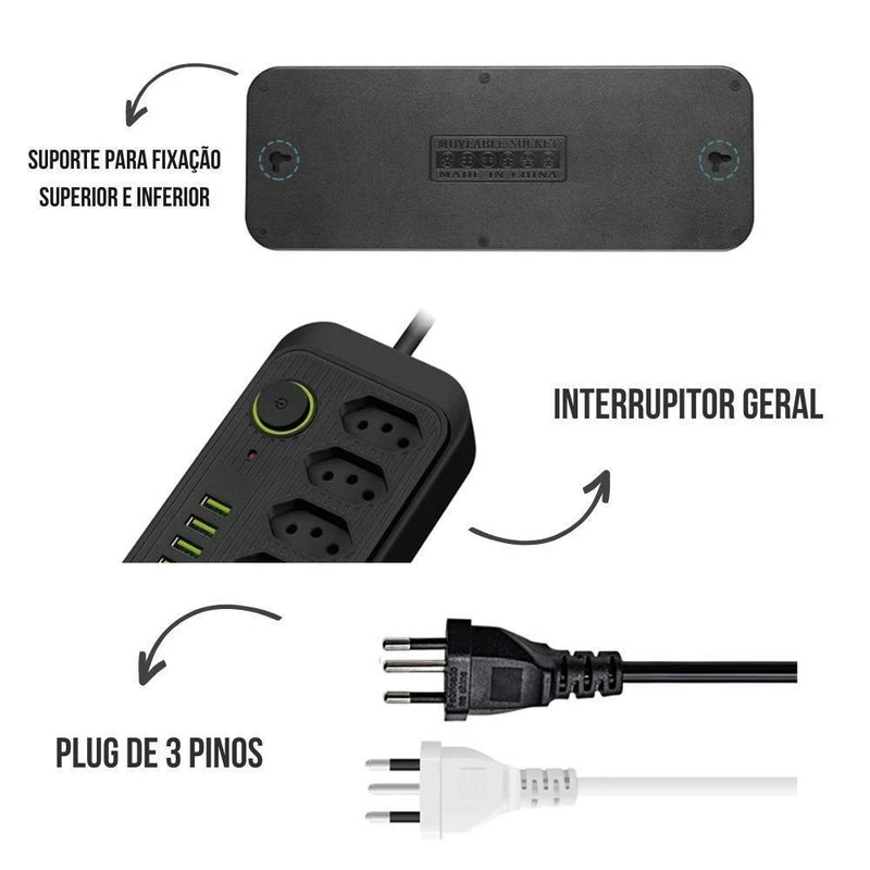 Extensão 5 Tomadas 4 USB 1 Type-C Universal Bivolt Power 110v/220v 2m