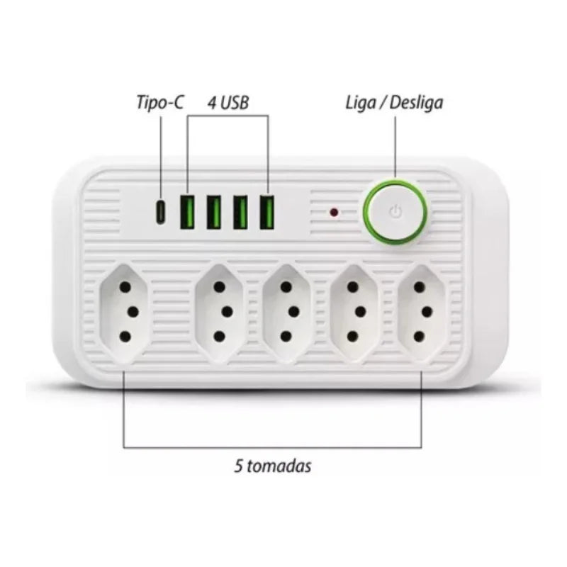 Extensão 5 Tomadas 4 USB 1 Type-C Universal Bivolt Power 110v/220v 2m