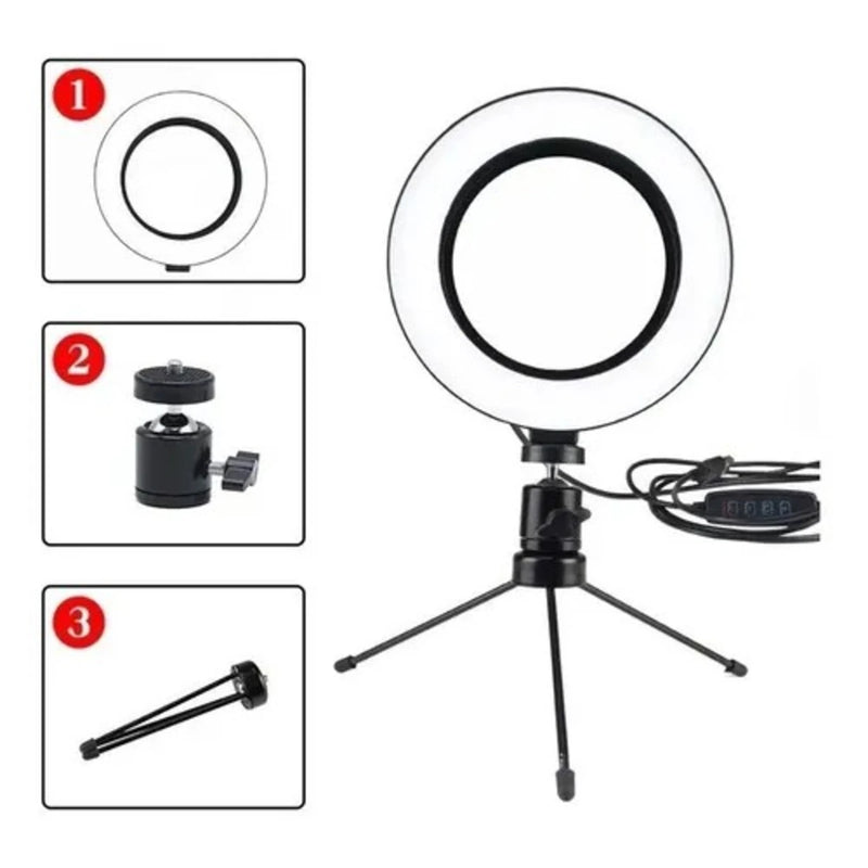 Ring Light Led Selfie Mesa Iluminador Pequena 6 Polegada Tripé 16cm Youtuber Acessórios iluminação video Foto