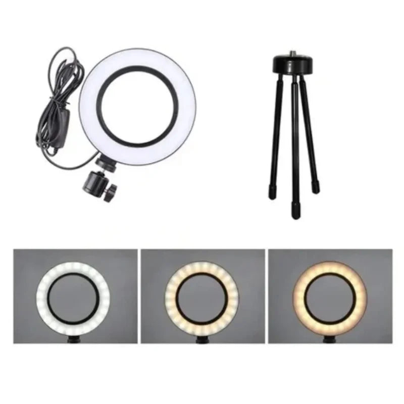 Ring Light Led Selfie Mesa Iluminador Pequena 6 Polegada Tripé 16cm Youtuber Acessórios iluminação video Foto