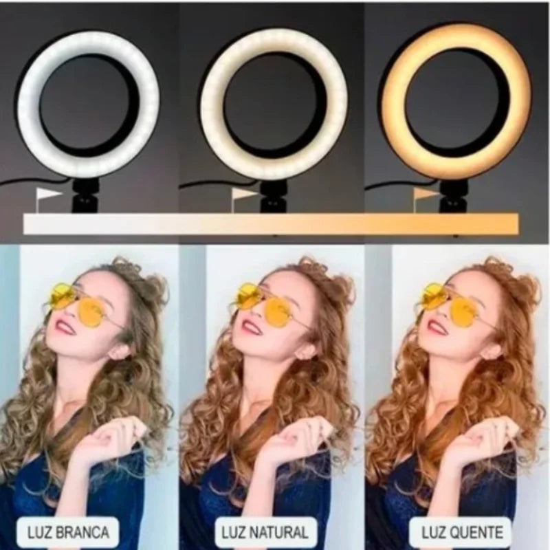 Ring Light Led Selfie Mesa Iluminador Pequena 6 Polegada Tripé 16cm Youtuber Acessórios iluminação video Foto