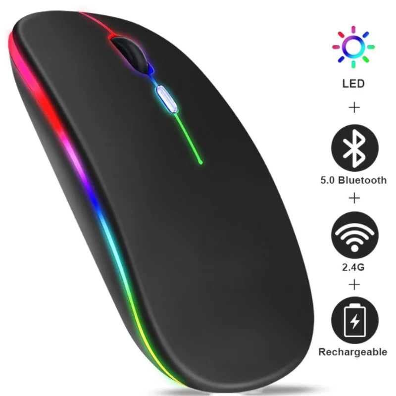 Mouse Sem Fio Com Bluetooth e Wireless Recarregável Sem Fio Gamer Led Rgb 2.4 ghz Bt 5.0 Compatível com Celular Notebook