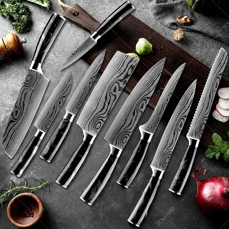 Facas de cozinha Xituo 1-9 peças conjunto facas chef laser damasco padrão afiado santoku cutelo utilitário de corte facas de frutas cozinhar