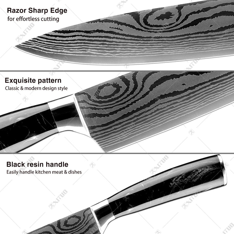 Facas de cozinha Xituo 1-9 peças conjunto facas chef laser damasco padrão afiado santoku cutelo utilitário de corte facas de frutas cozinhar