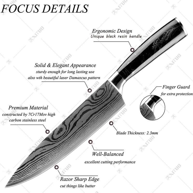 Facas de cozinha Xituo 1-9 peças conjunto facas chef laser damasco padrão afiado santoku cutelo utilitário de corte facas de frutas cozinhar