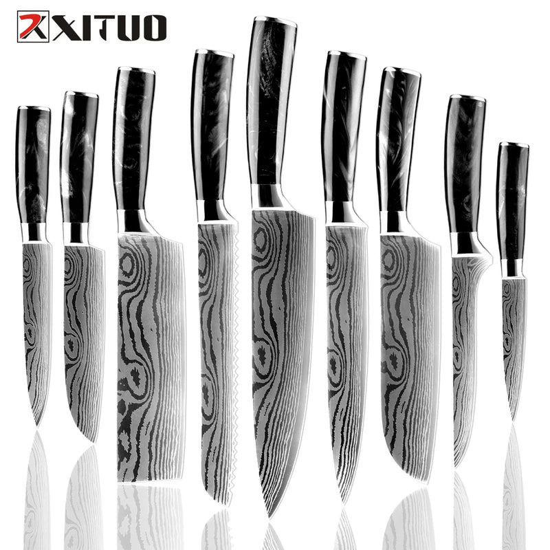 Facas de cozinha Xituo 1-9 peças conjunto facas chef laser damasco padrão afiado santoku cutelo utilitário de corte facas de frutas cozinhar