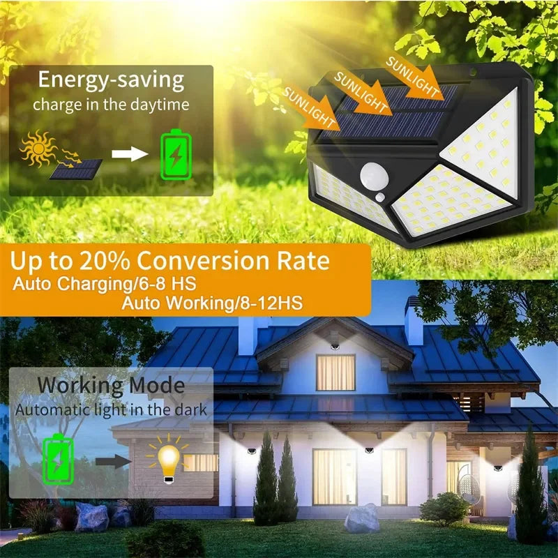 Luminária Solar 100 Led Com Sensor Jardim Externa Prova D'água