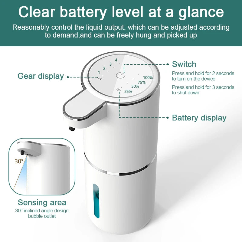 Dispensador De Sabão De Espuma Automática, Touchless Smart Display, Sensor Infravermelho, Dispensadores De Sabão Líquido, Lavadora De Mão, Carregamento USB 380ml