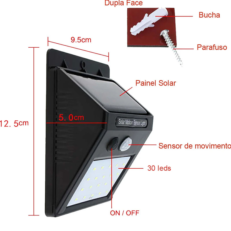 Luminária Solar de Parede 30 Leds Sensor de Movimento e Acendimento Automático GT512